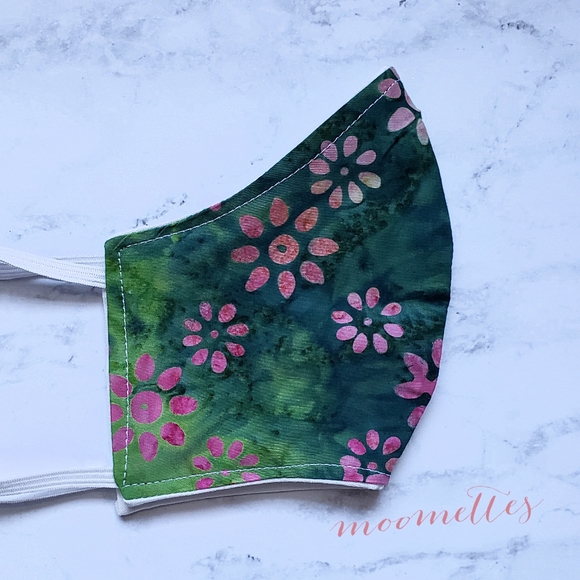 Green Pink Batik Face Mask Floral Handmade USA - Picture 3 of 4